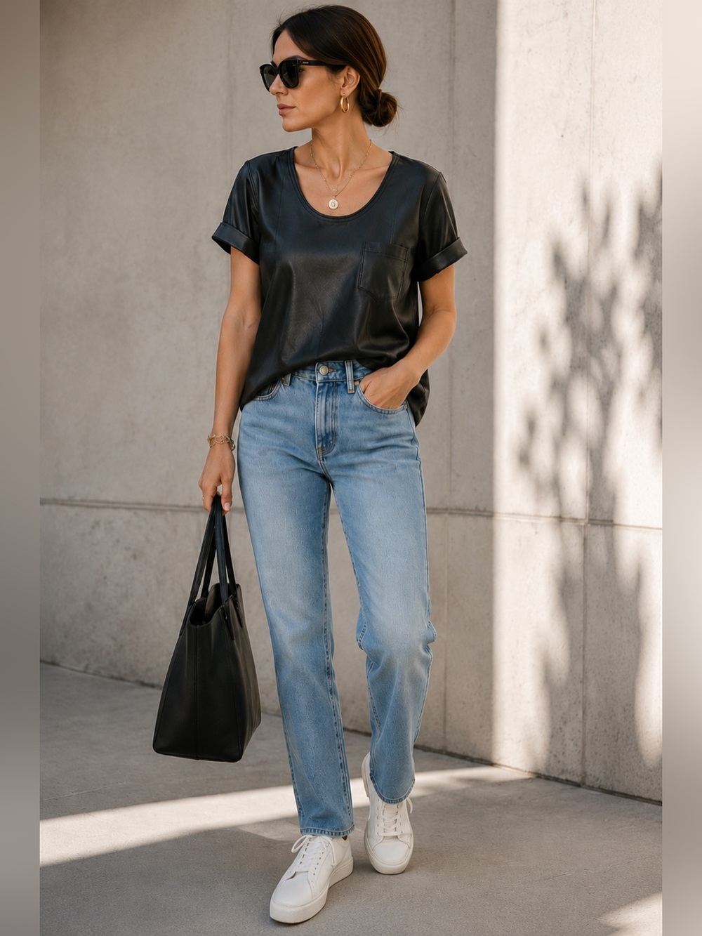 DVF Black Short-Sleeve Lambskin Leather Scoop Neck Tee w/ Cuff Sleeves